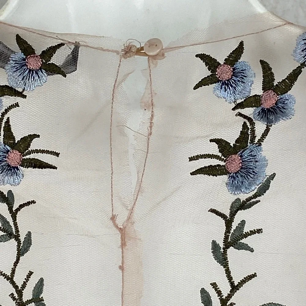 Zara Woman Pink Mesh Floral Embroidered Sheer Short Flutter Sleeve Top Small - Picture 8 of 8